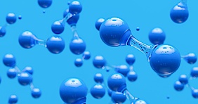 blaue runde Kreise die Wasserstoffmoleküle darstellen sollen, hellblauer Hintergrund