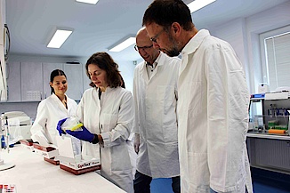 Vier Personen betrachten in einem Labor einen medizinisches Test. 